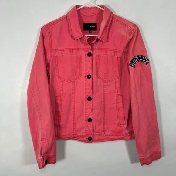 Hurley Denim Jean Jacket Womens Size Medium Hot Pink Button Front Embroidered - Picture 1 of 13